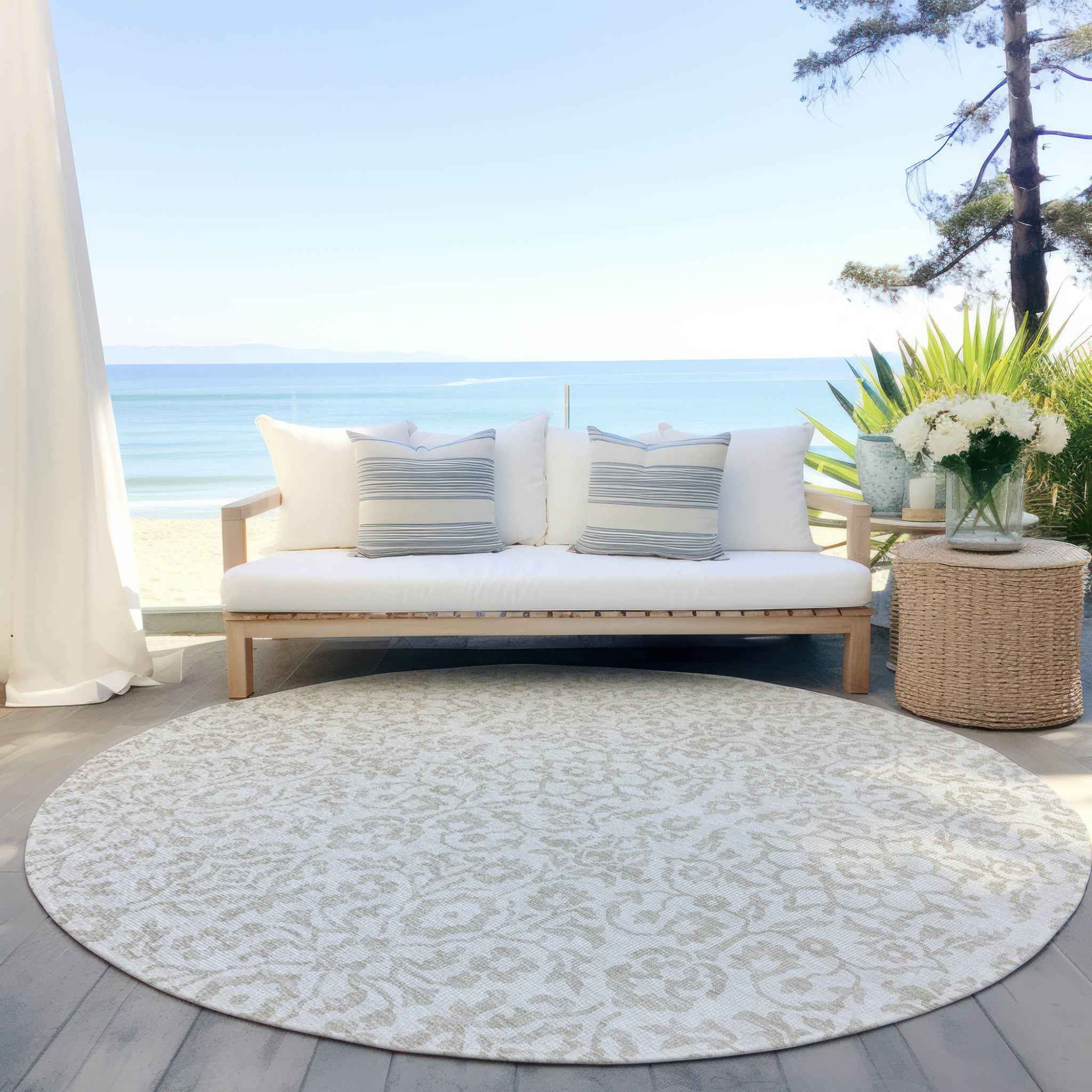 8' Ivory And Beige Round Damask Washable Indoor Outdoor Area Rug