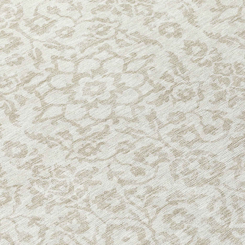 8' Ivory And Beige Round Damask Washable Indoor Outdoor Area Rug
