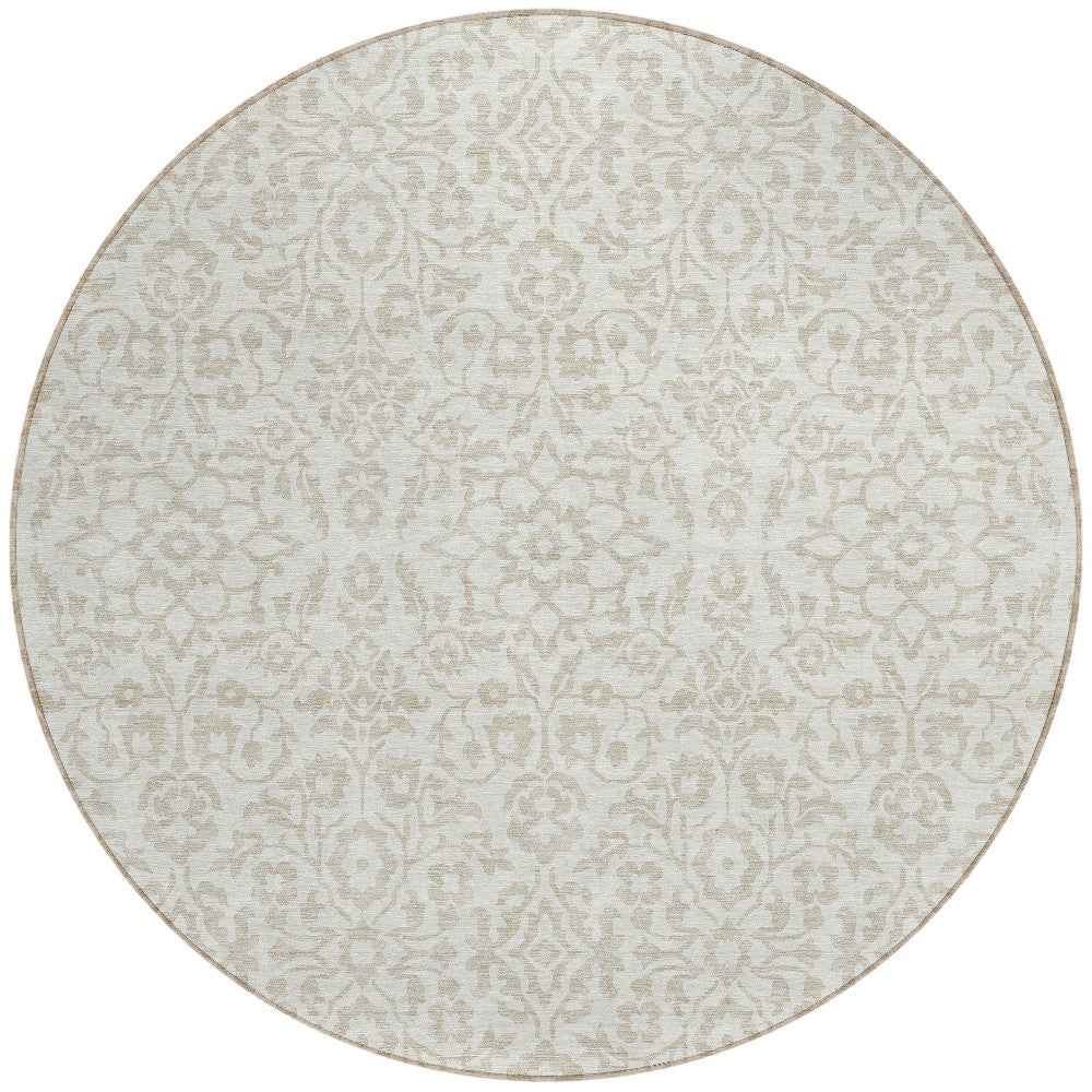 8' Ivory And Beige Round Damask Washable Indoor Outdoor Area Rug