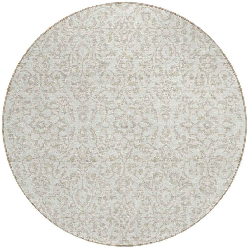 8' Ivory And Beige Round Damask Washable Indoor Outdoor Area Rug