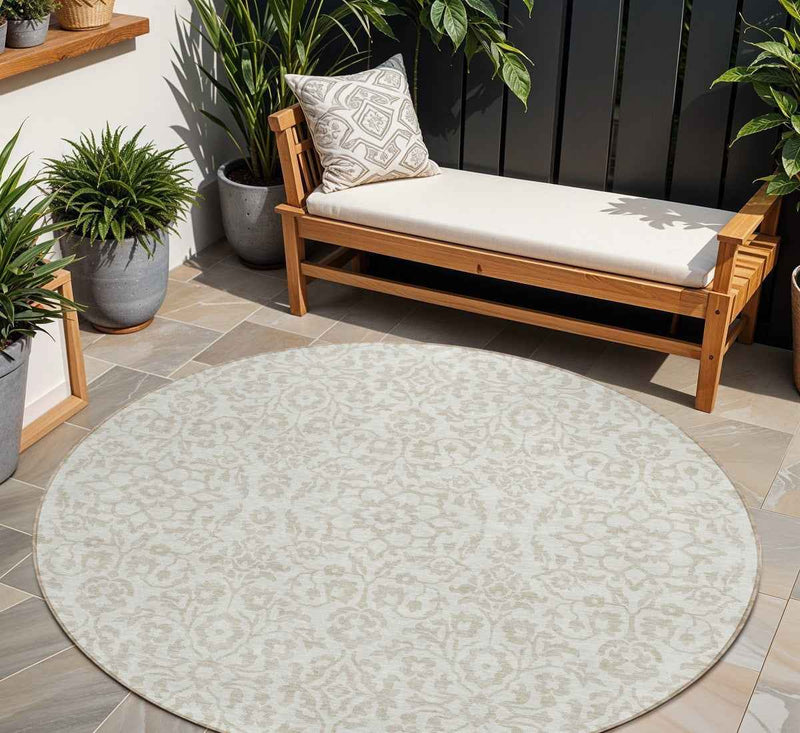 8' Ivory And Beige Round Damask Washable Indoor Outdoor Area Rug