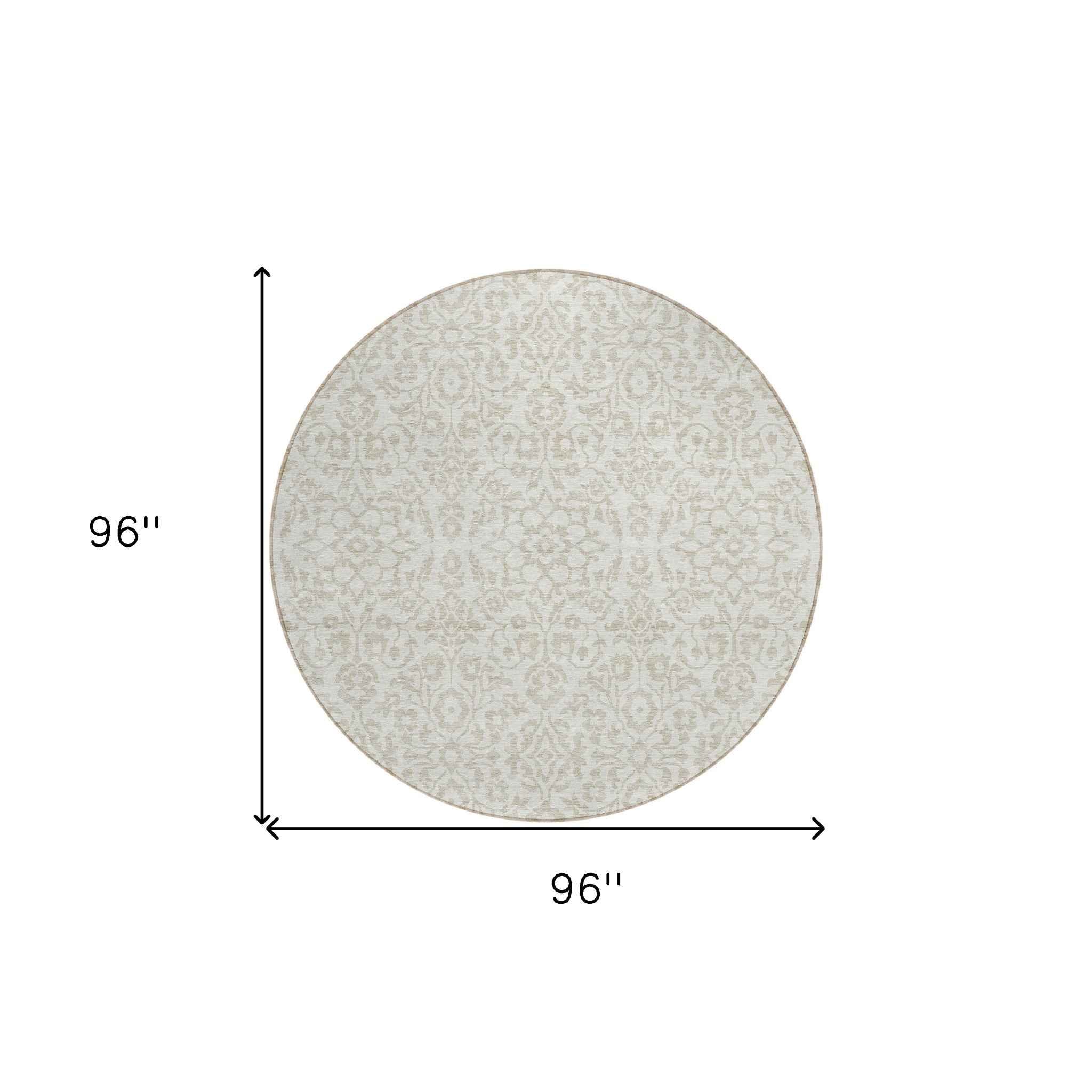 8' Ivory And Beige Round Damask Washable Indoor Outdoor Area Rug