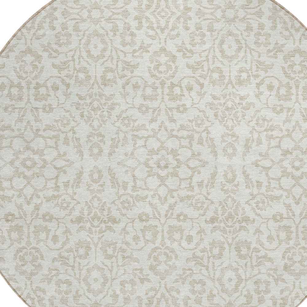 8' Ivory And Beige Round Damask Washable Indoor Outdoor Area Rug