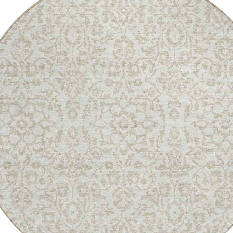 8' Ivory And Beige Round Damask Washable Indoor Outdoor Area Rug