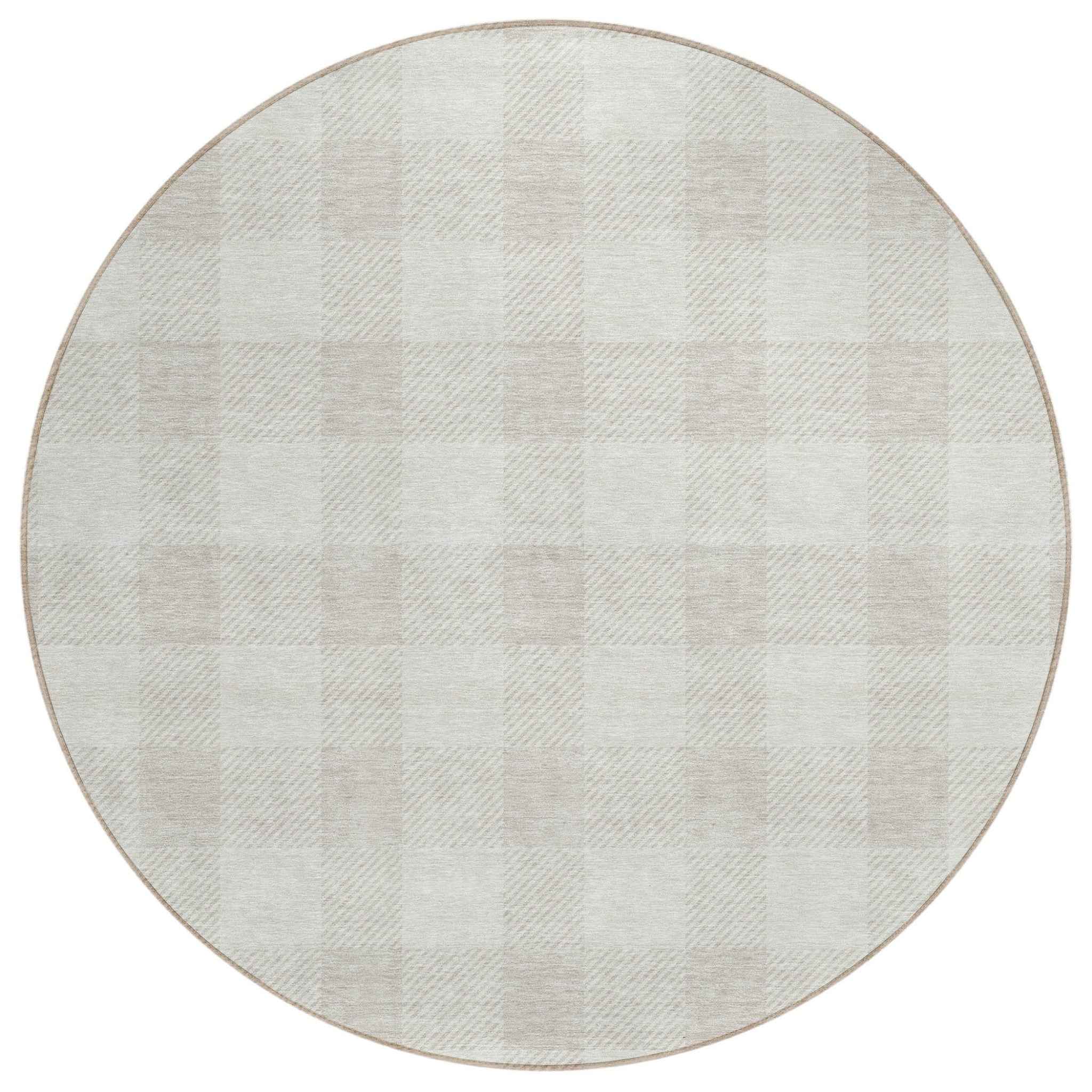 8' Ivory And Beige Round Plaid Washable Indoor Outdoor Area Rug