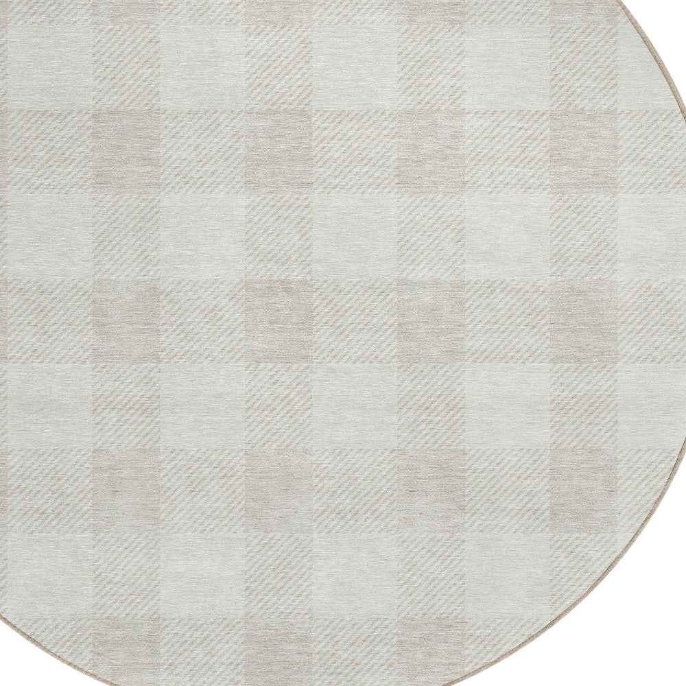 8' Ivory And Beige Round Plaid Washable Indoor Outdoor Area Rug