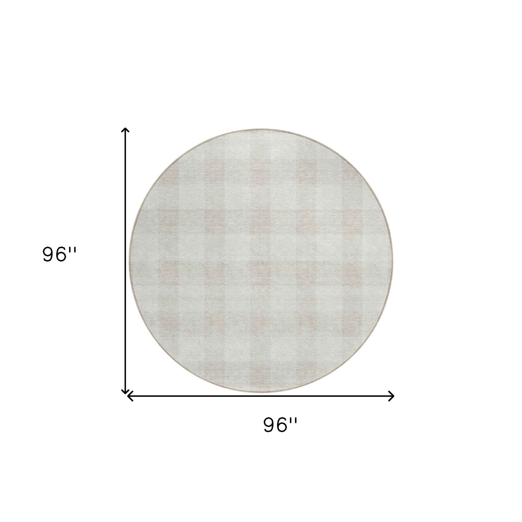 8' Ivory And Beige Round Plaid Washable Indoor Outdoor Area Rug