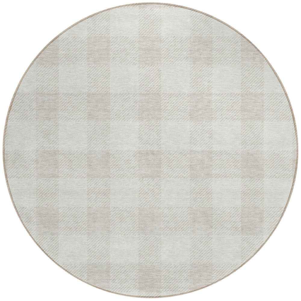 8' Ivory And Beige Round Plaid Washable Indoor Outdoor Area Rug