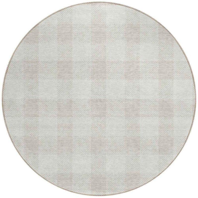 8' Ivory And Beige Round Plaid Washable Indoor Outdoor Area Rug