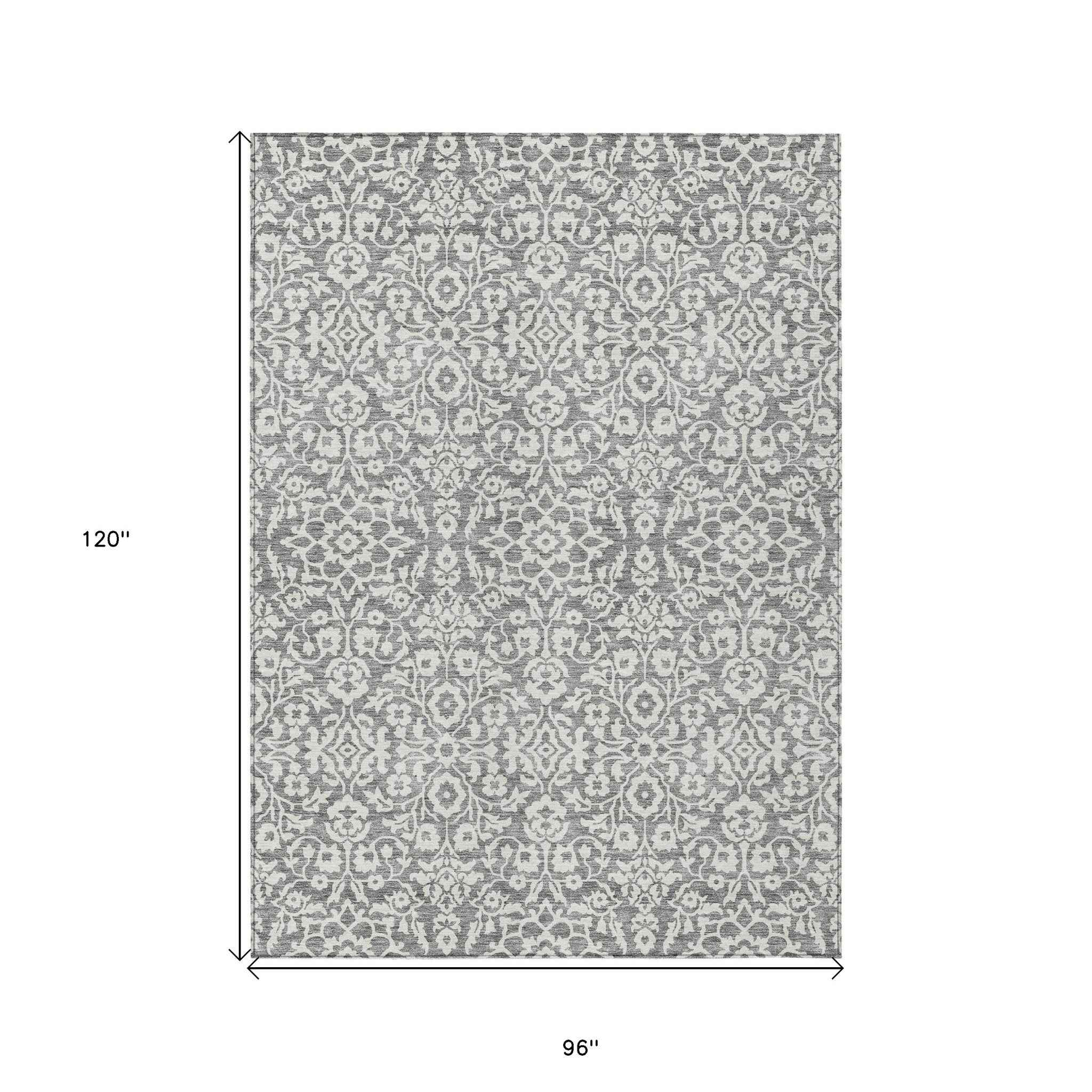 8' X 10' Gray And Ivory Damask Washable Indoor Outdoor Area Rug