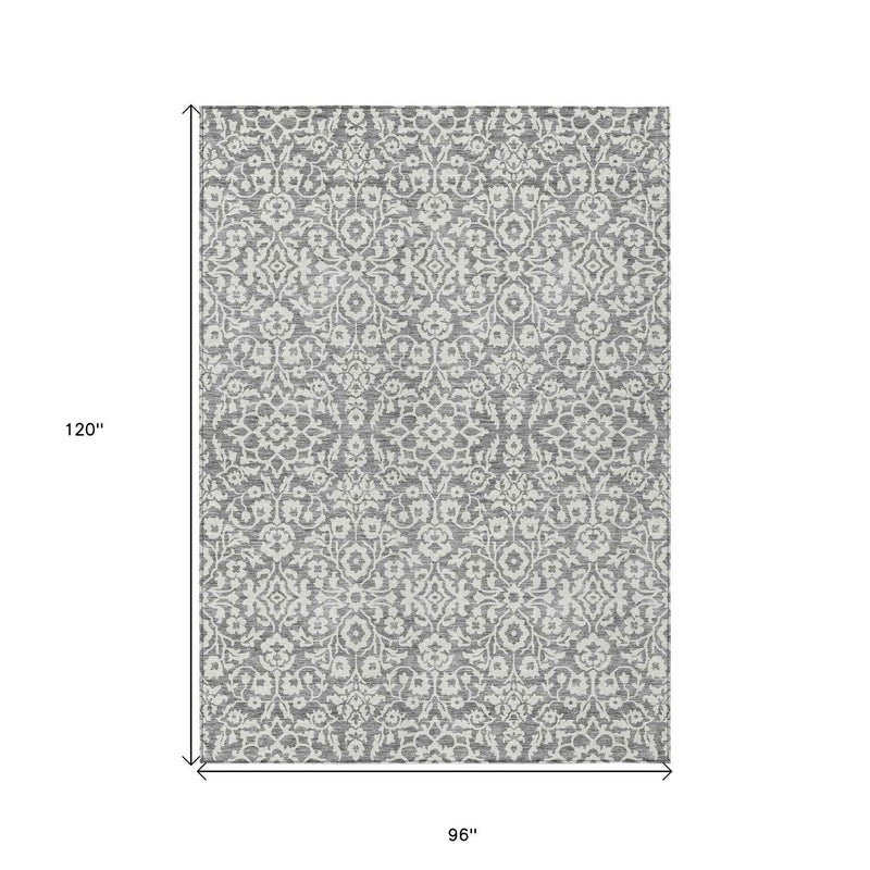 8' X 10' Gray And Ivory Damask Washable Indoor Outdoor Area Rug