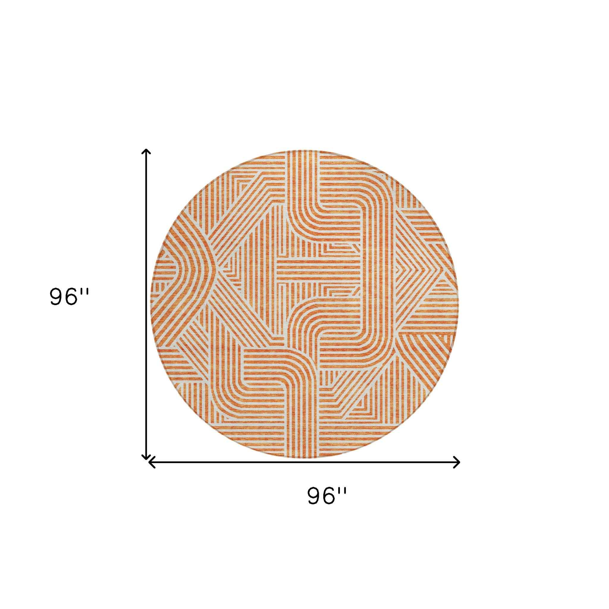 8' Orange And Ivory Round Abstract Washable Indoor Outdoor Area Rug
