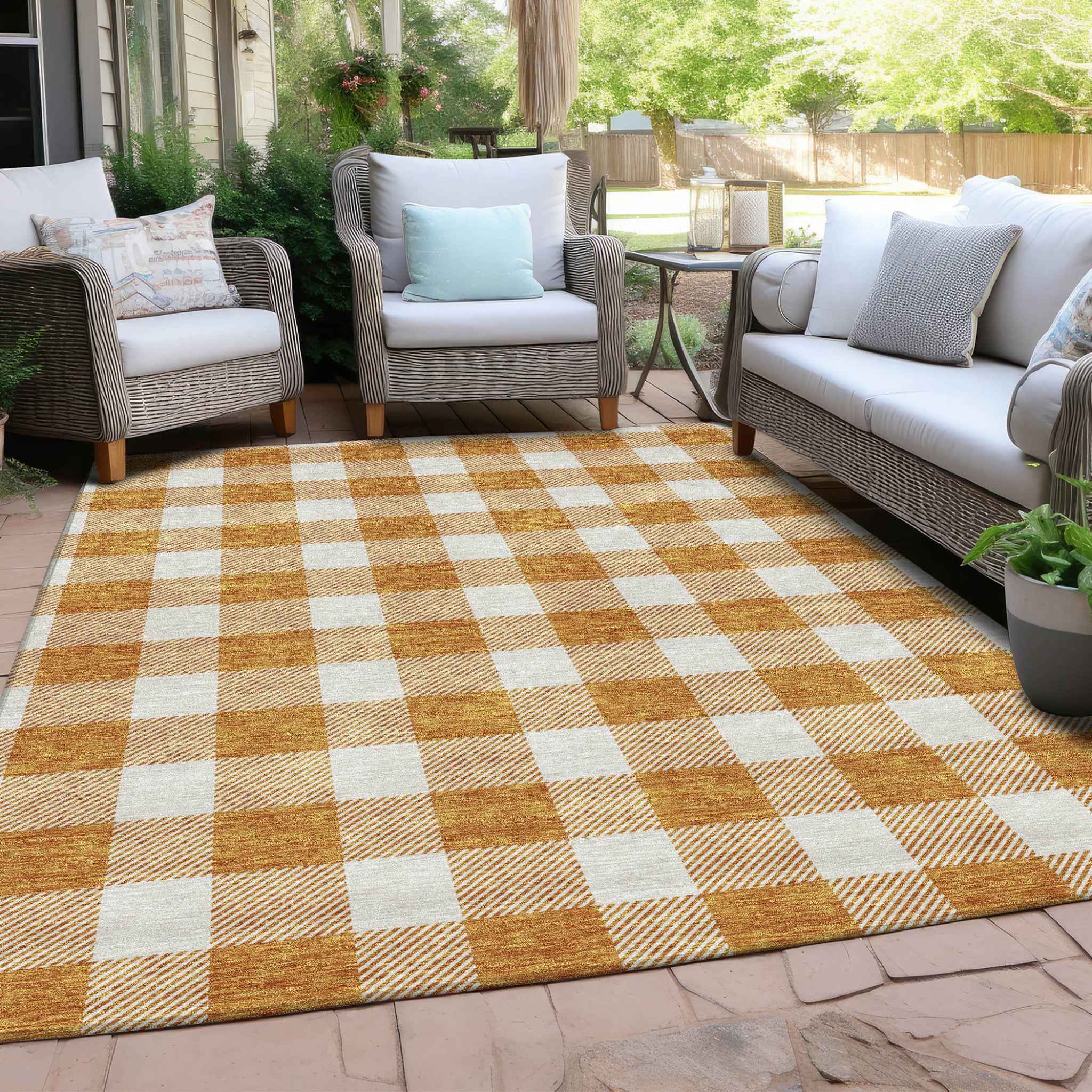 5' X 8' Orange And Beige Plaid Washable Indoor Outdoor Area Rug