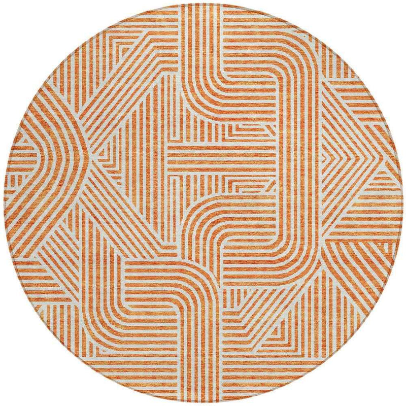 8' Orange And Ivory Round Abstract Washable Indoor Outdoor Area Rug