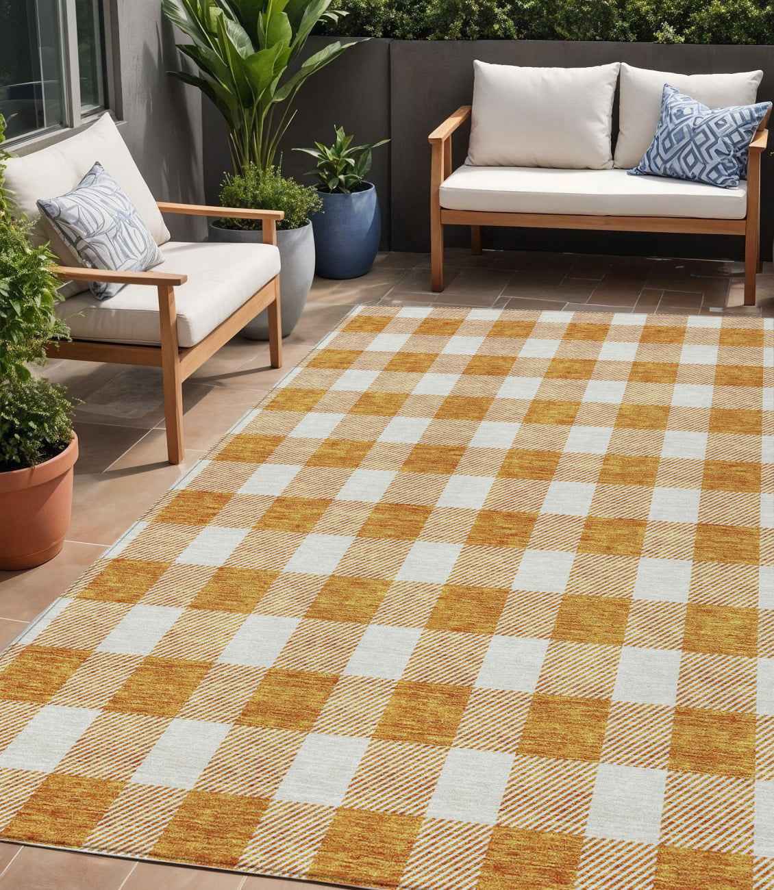 5' X 8' Orange And Beige Plaid Washable Indoor Outdoor Area Rug