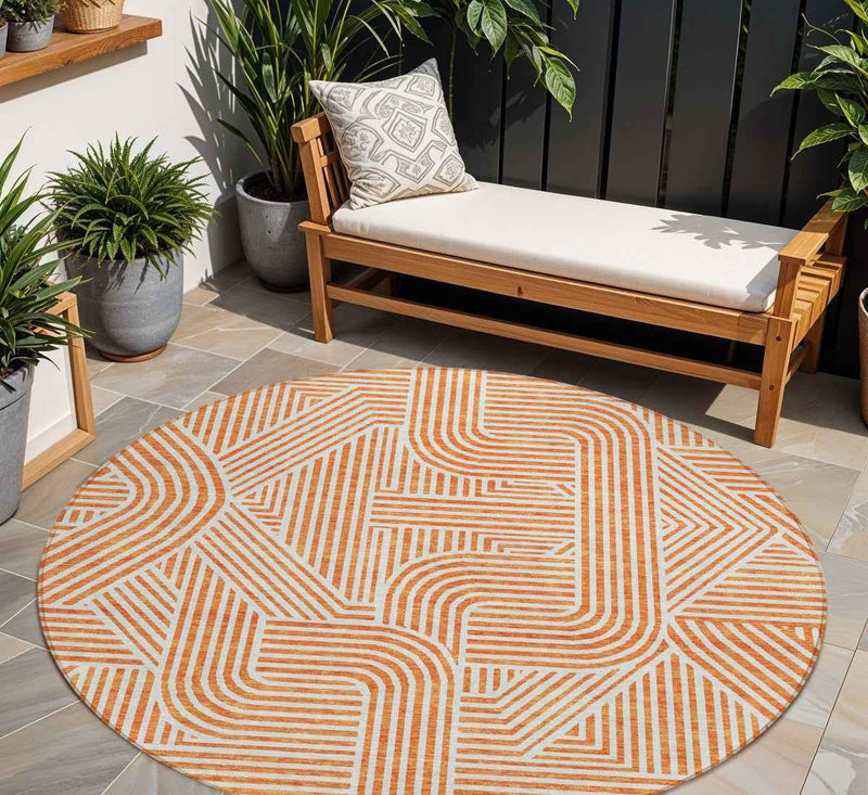 8' Orange And Ivory Round Abstract Washable Indoor Outdoor Area Rug