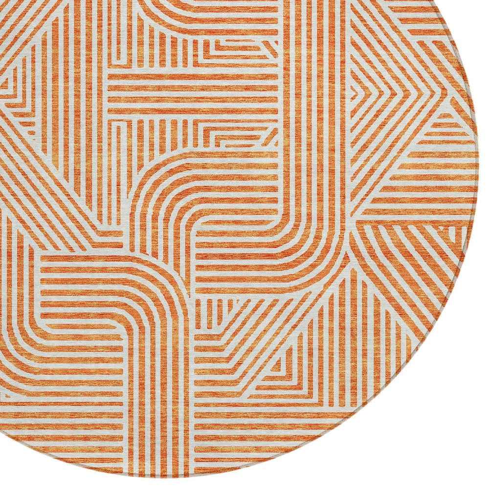 8' Orange And Ivory Round Abstract Washable Indoor Outdoor Area Rug