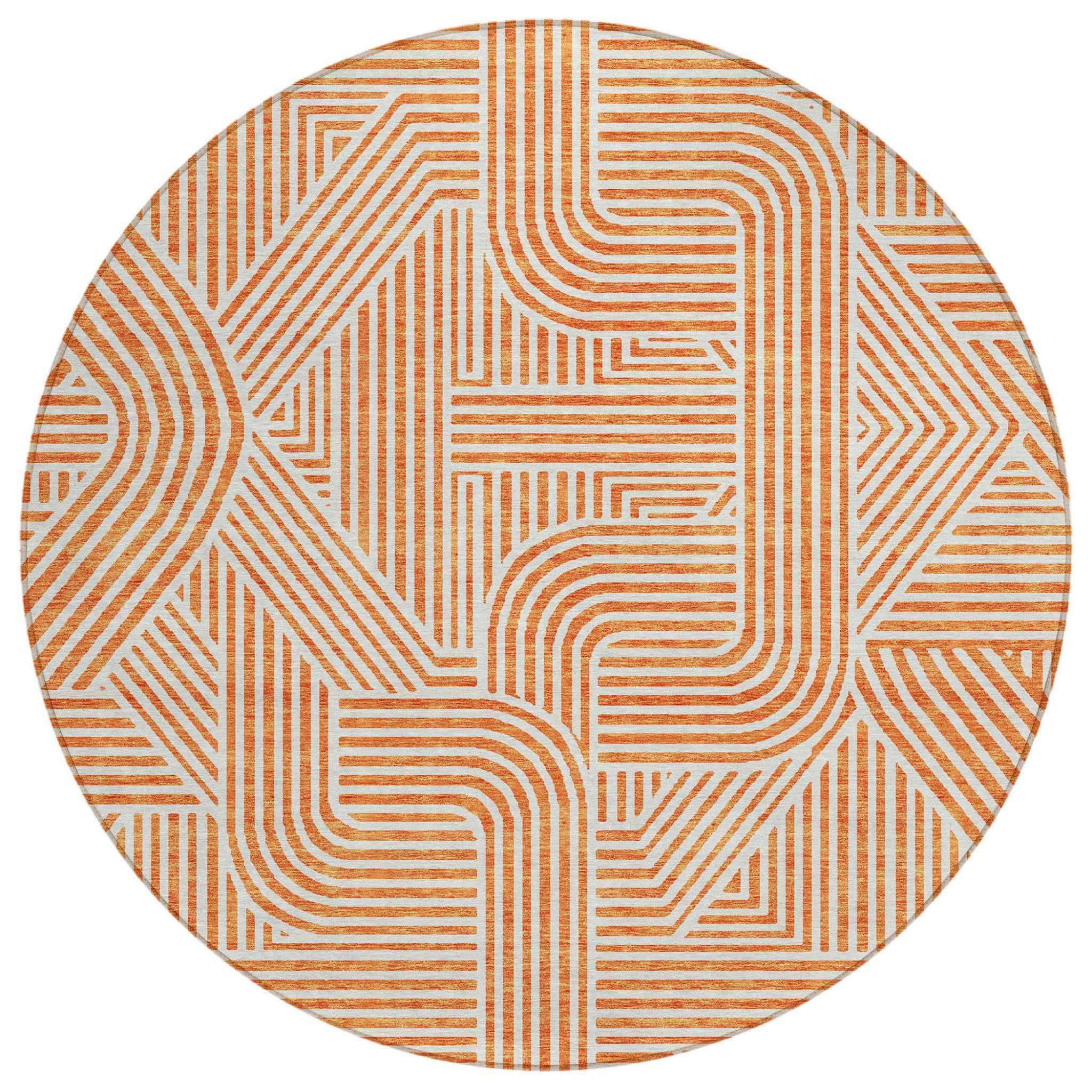 8' Orange And Ivory Round Abstract Washable Indoor Outdoor Area Rug