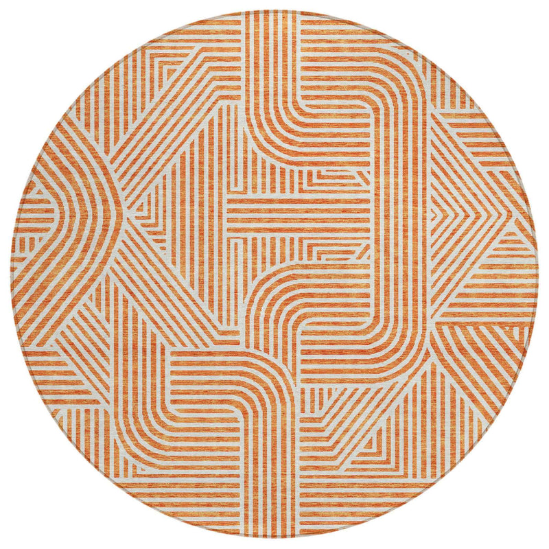 8' Orange And Ivory Round Abstract Washable Indoor Outdoor Area Rug
