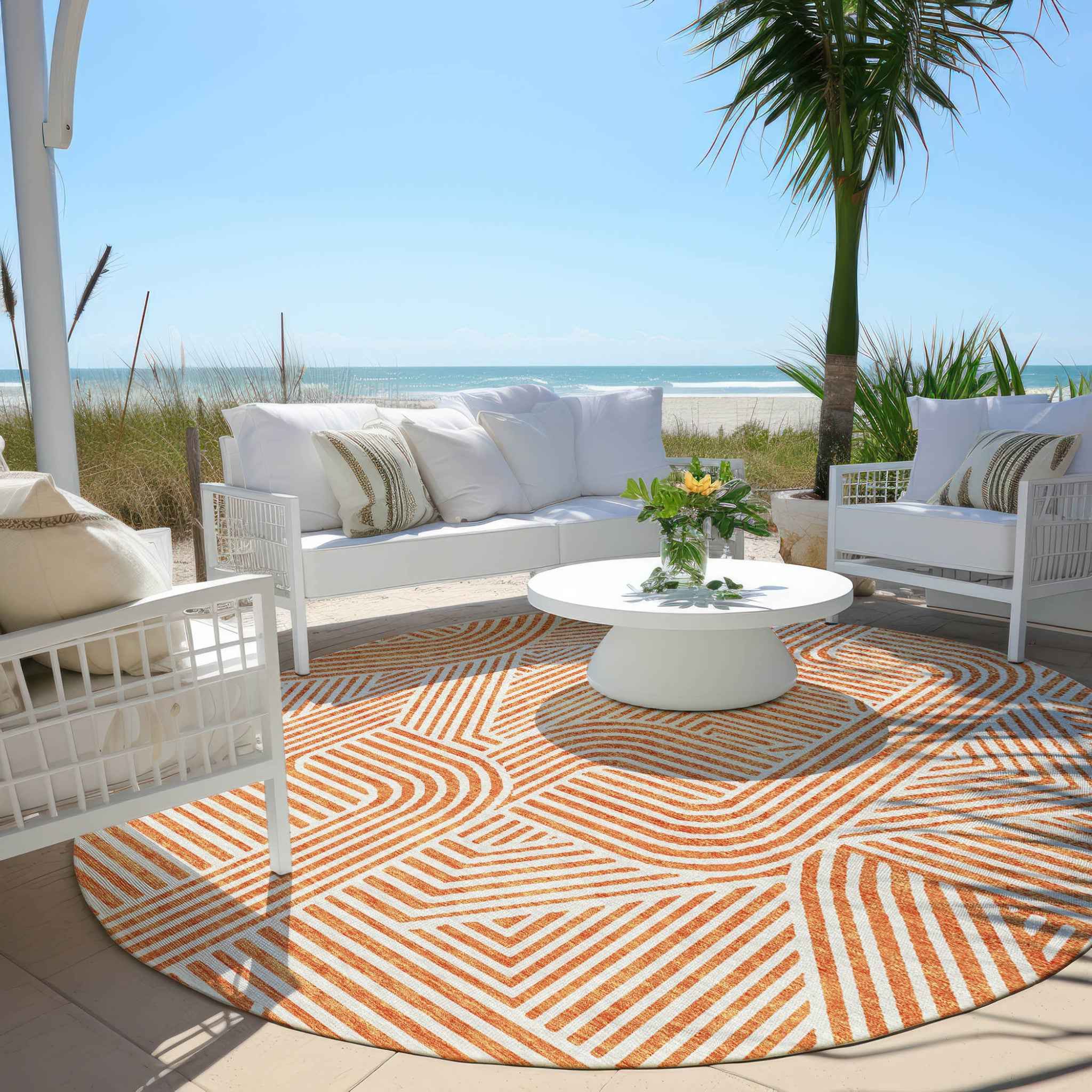 8' Orange And Ivory Round Abstract Washable Indoor Outdoor Area Rug
