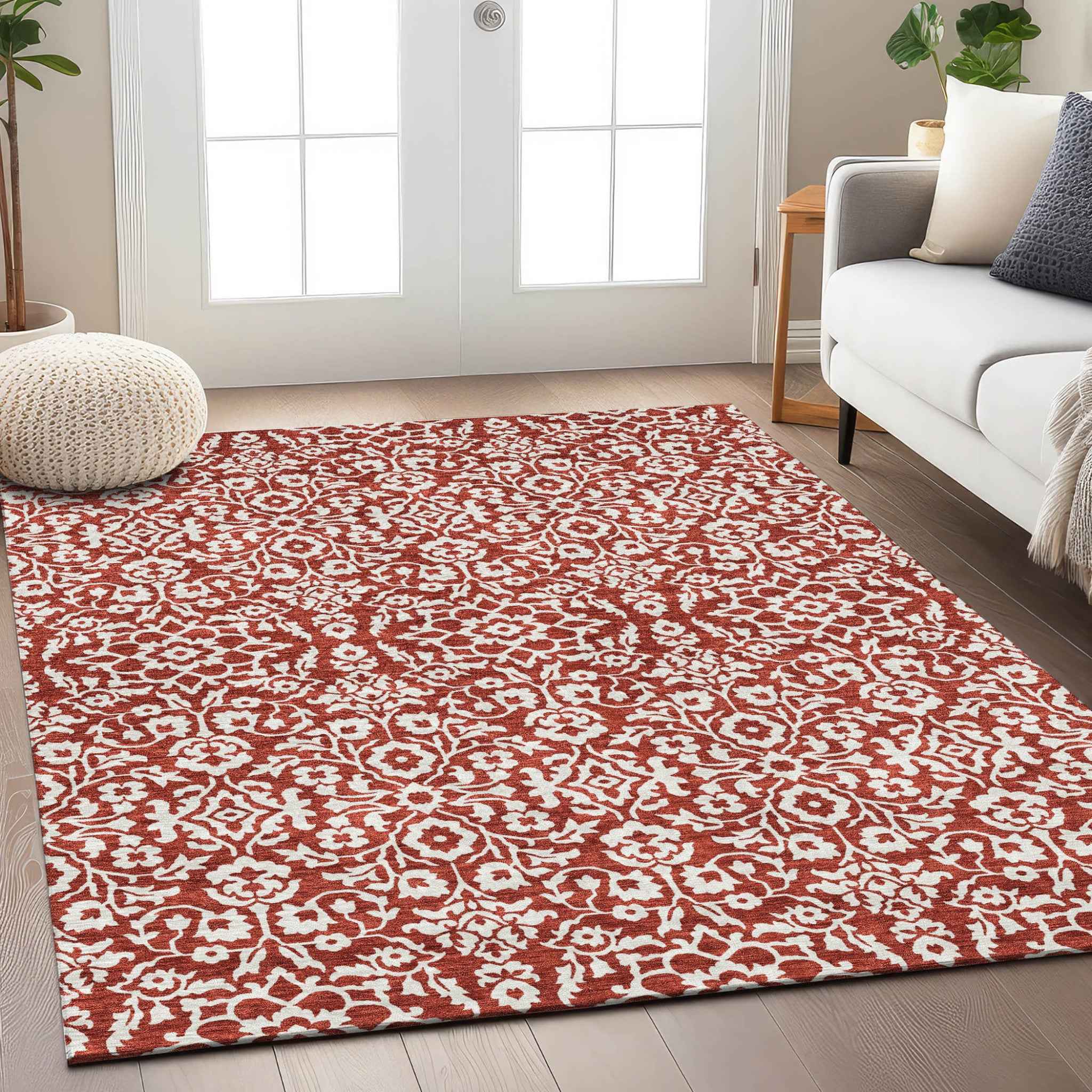 8' X 10' Red And Ivory Damask Washable Indoor Outdoor Area Rug