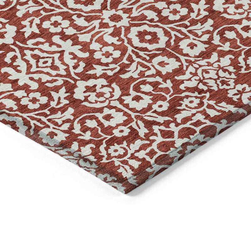 8' X 10' Red And Ivory Damask Washable Indoor Outdoor Area Rug