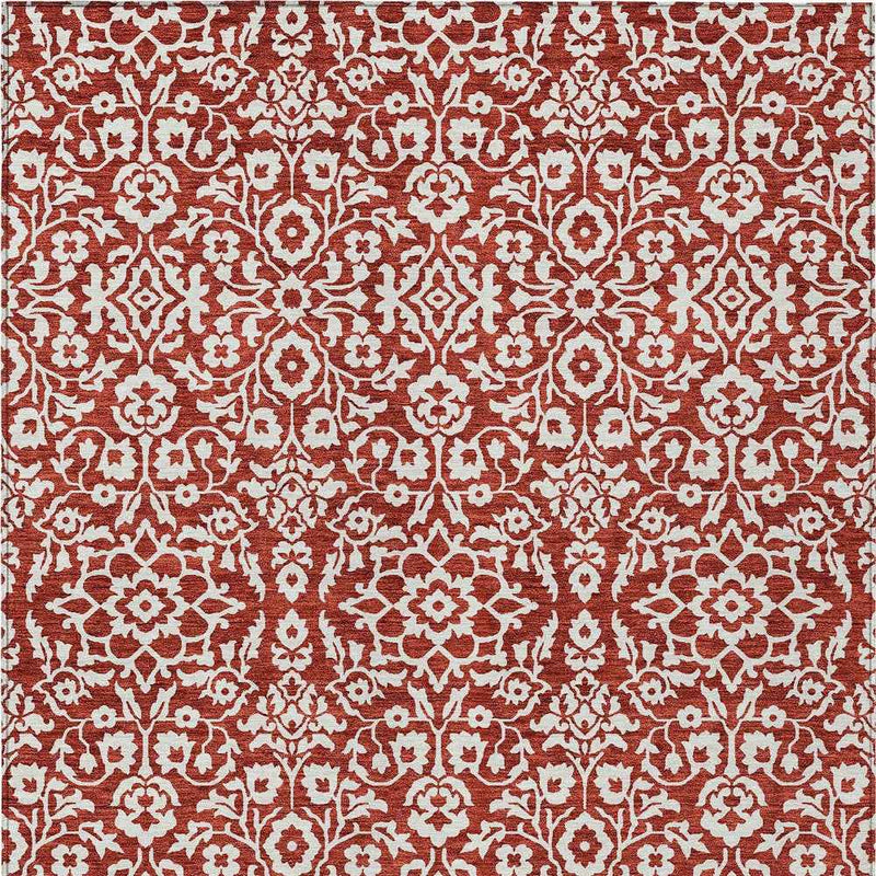 8' X 10' Red And Ivory Damask Washable Indoor Outdoor Area Rug