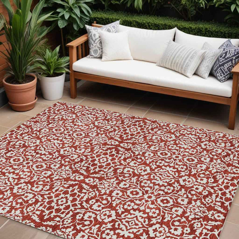 8' X 10' Red And Ivory Damask Washable Indoor Outdoor Area Rug