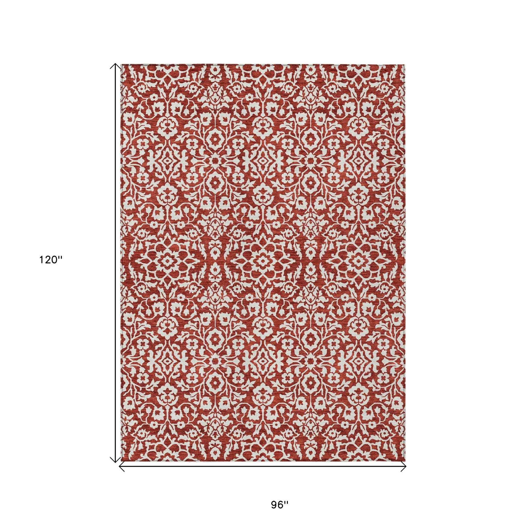 8' X 10' Red And Ivory Damask Washable Indoor Outdoor Area Rug