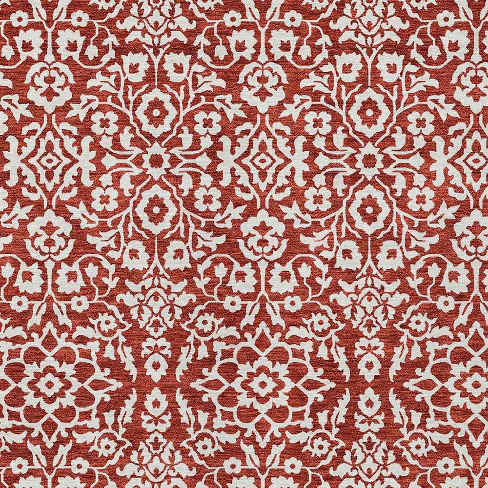 8' X 10' Red And Ivory Damask Washable Indoor Outdoor Area Rug