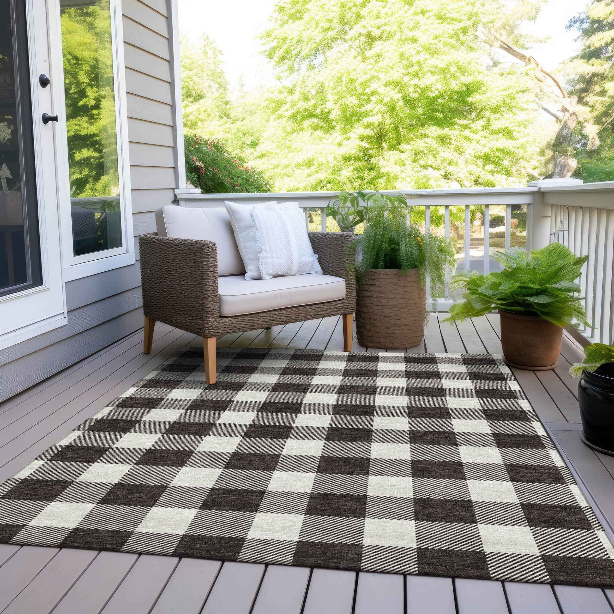 8' X 10' Black And Gray Plaid Washable Indoor Outdoor Area Rug