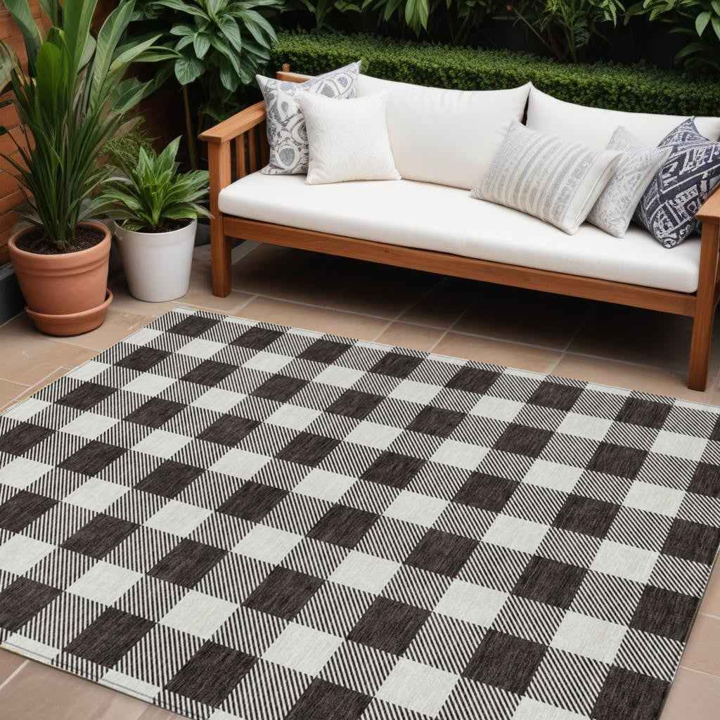 8' X 10' Black And Gray Plaid Washable Indoor Outdoor Area Rug