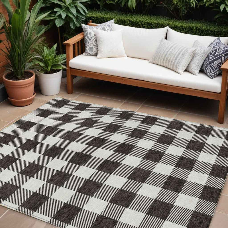 8' X 10' Black And Gray Plaid Washable Indoor Outdoor Area Rug