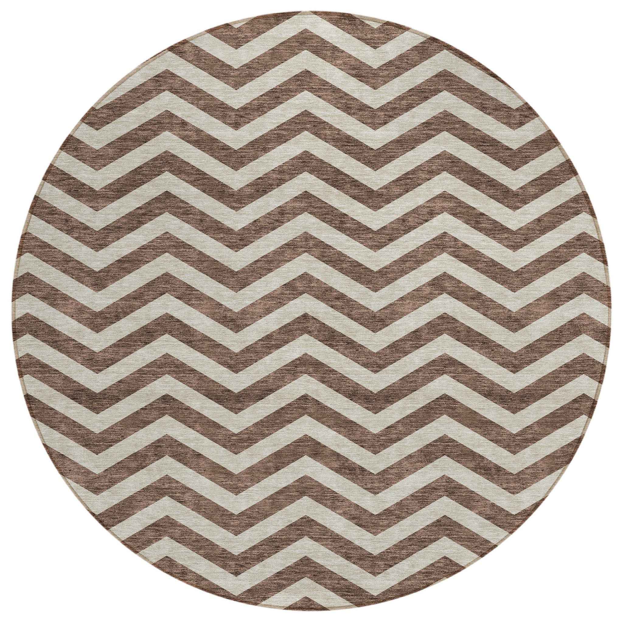 8' Brown And Beige Round Chevron Washable Indoor Outdoor Area Rug