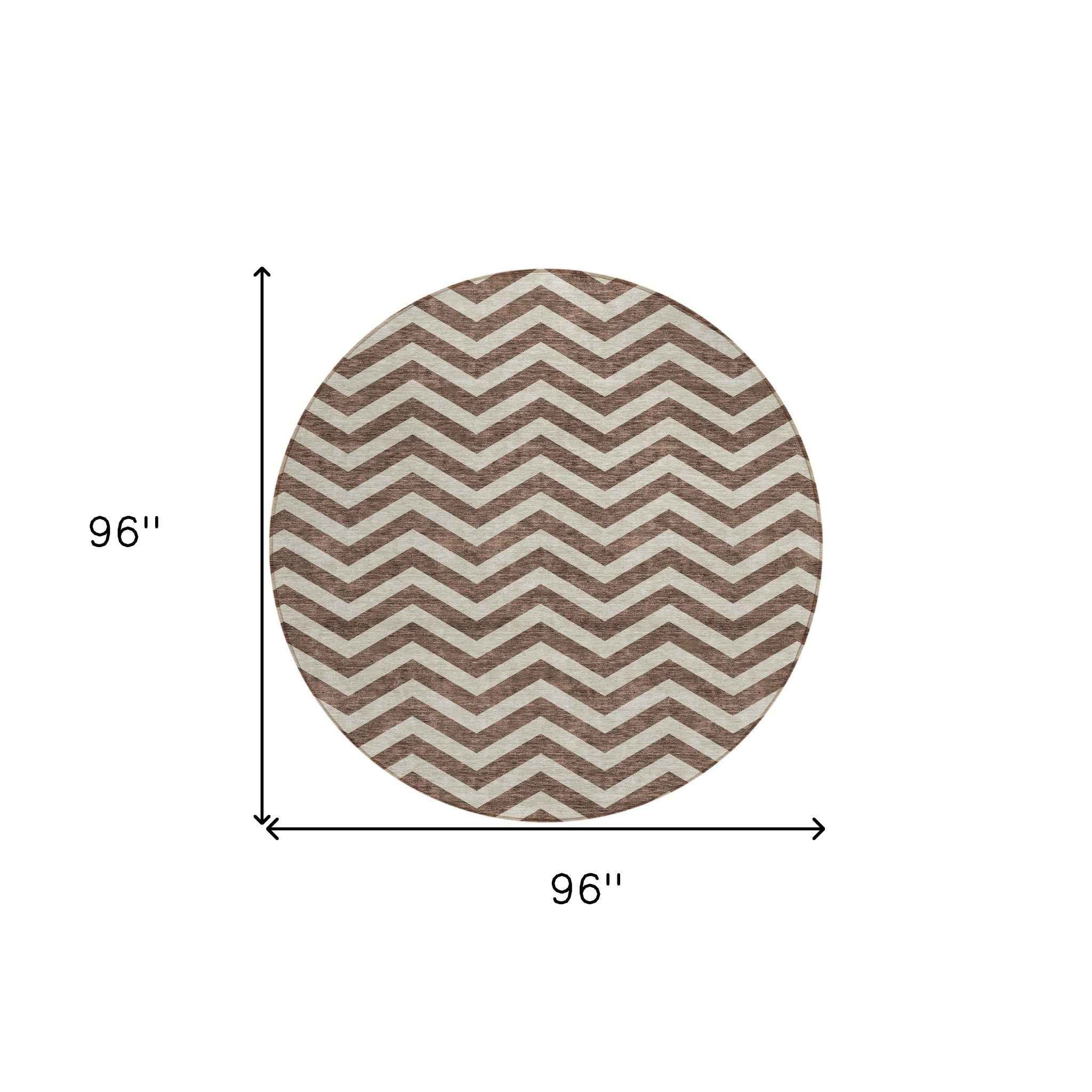 8' Brown And Beige Round Chevron Washable Indoor Outdoor Area Rug