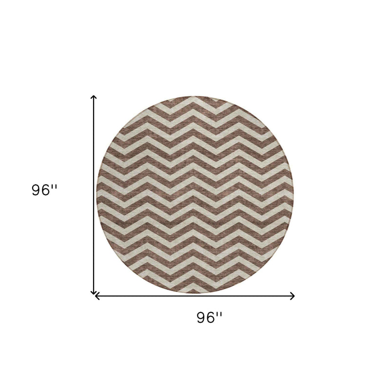 8' Brown And Beige Round Chevron Washable Indoor Outdoor Area Rug