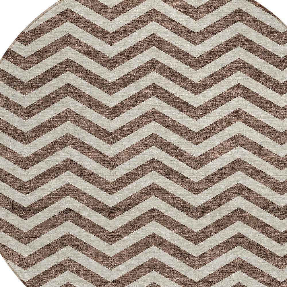 8' Brown And Beige Round Chevron Washable Indoor Outdoor Area Rug