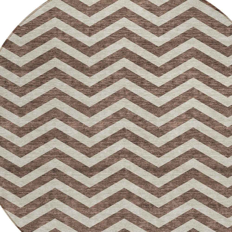 8' Brown And Beige Round Chevron Washable Indoor Outdoor Area Rug