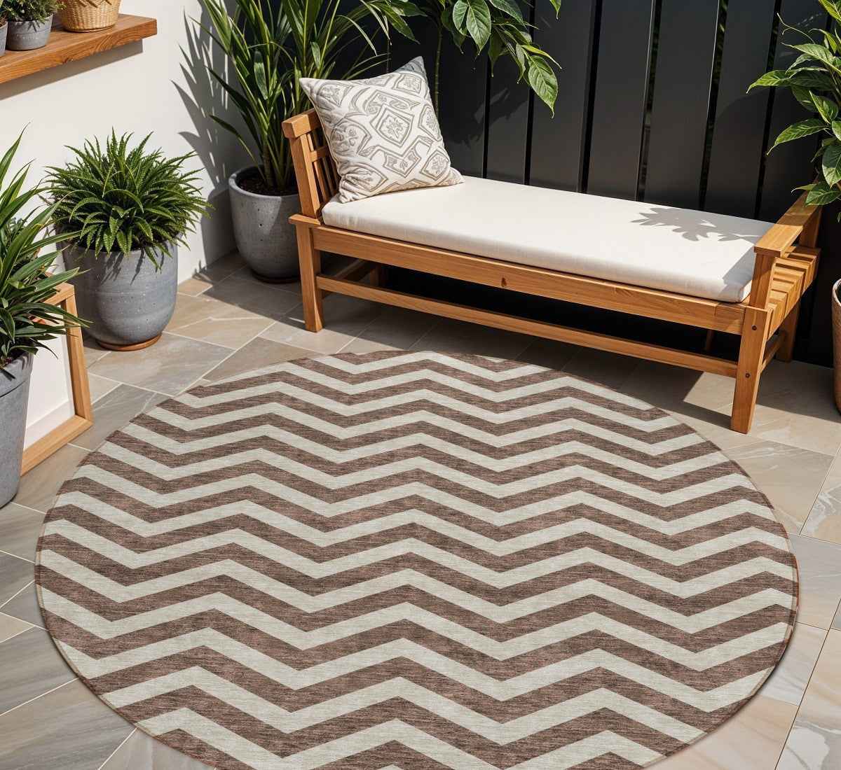 8' Brown And Beige Round Chevron Washable Indoor Outdoor Area Rug