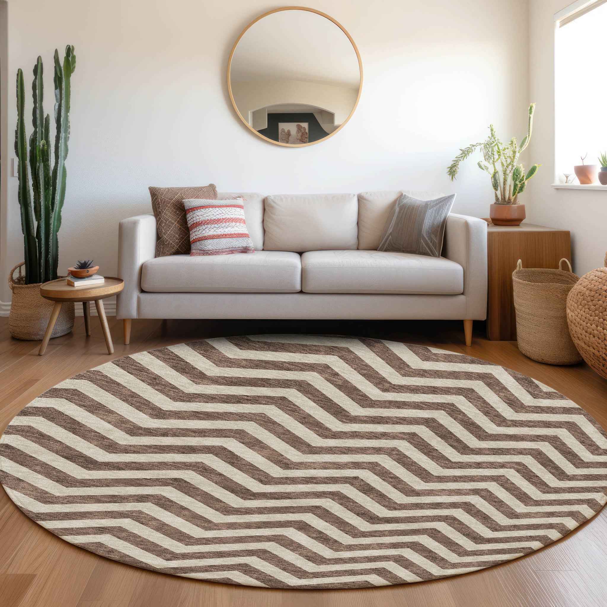 8' Brown And Beige Round Chevron Washable Indoor Outdoor Area Rug