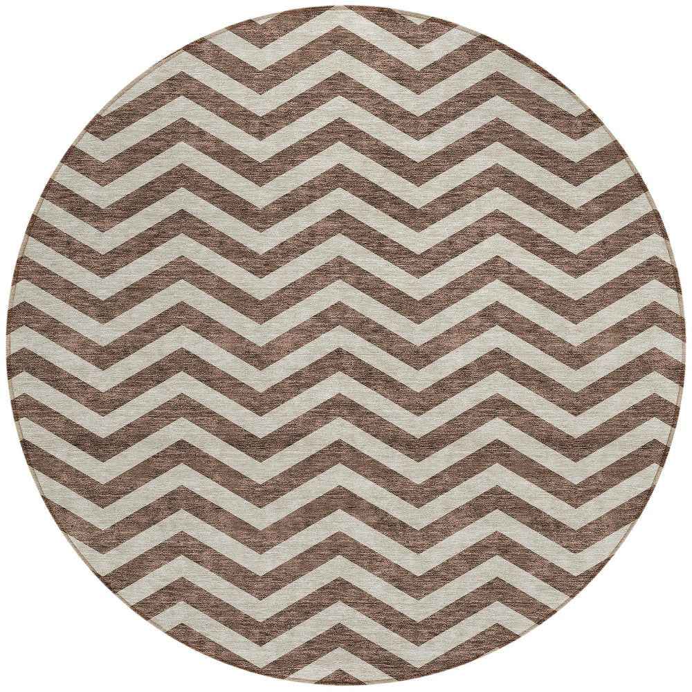 8' Brown And Beige Round Chevron Washable Indoor Outdoor Area Rug