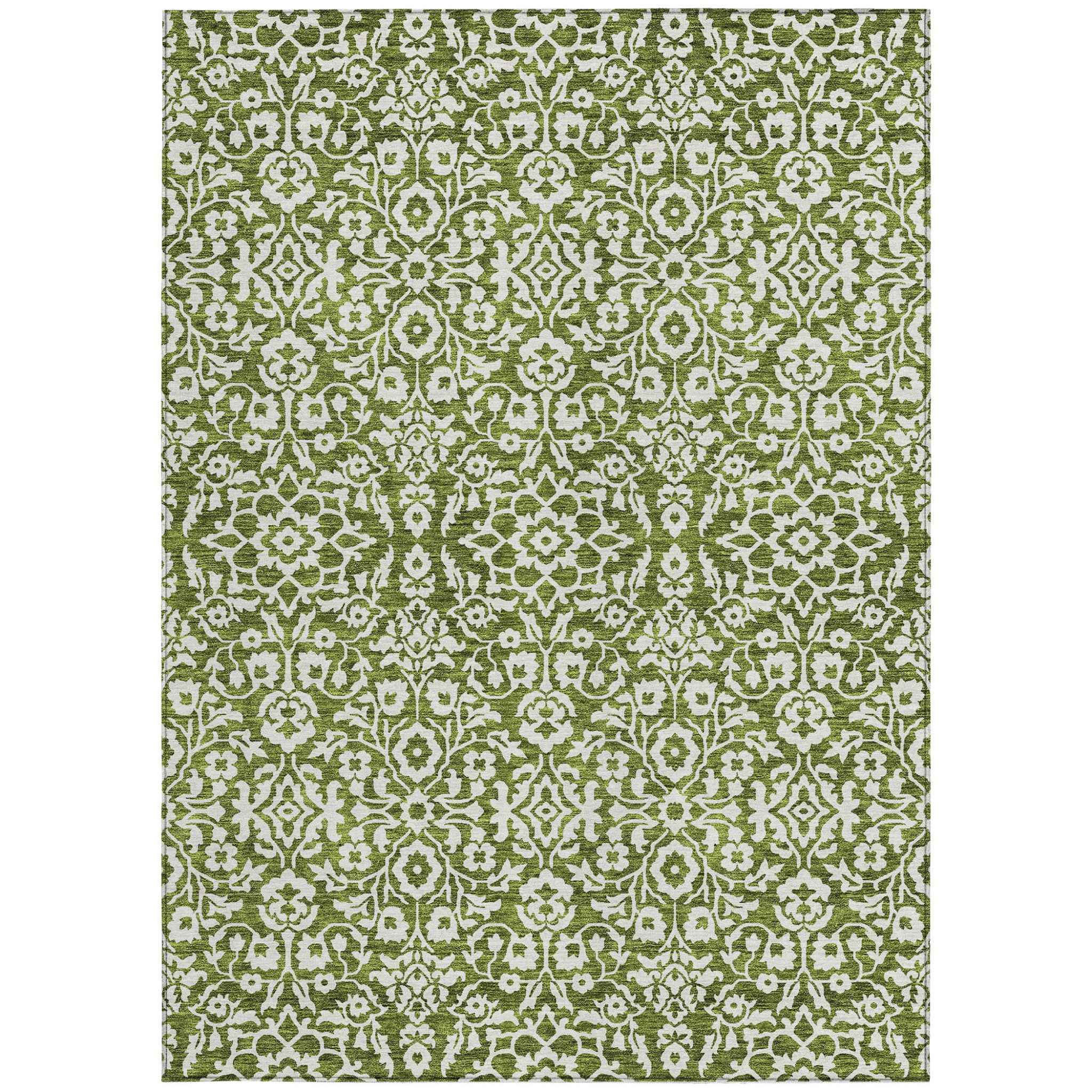 9' X 12' Olive Green And Ivory Damask Washable Indoor Outdoor Area Rug