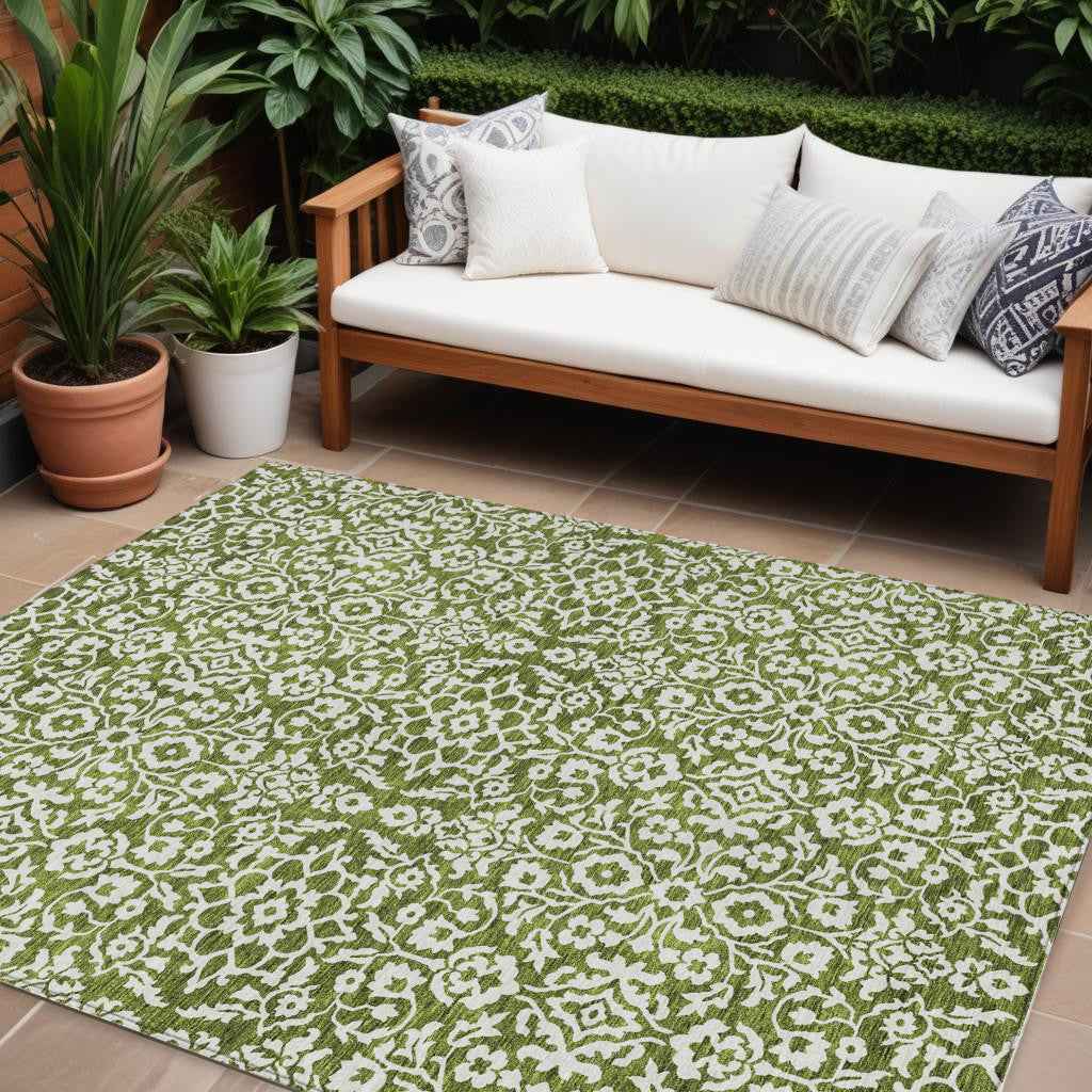 9' X 12' Olive Green And Ivory Damask Washable Indoor Outdoor Area Rug