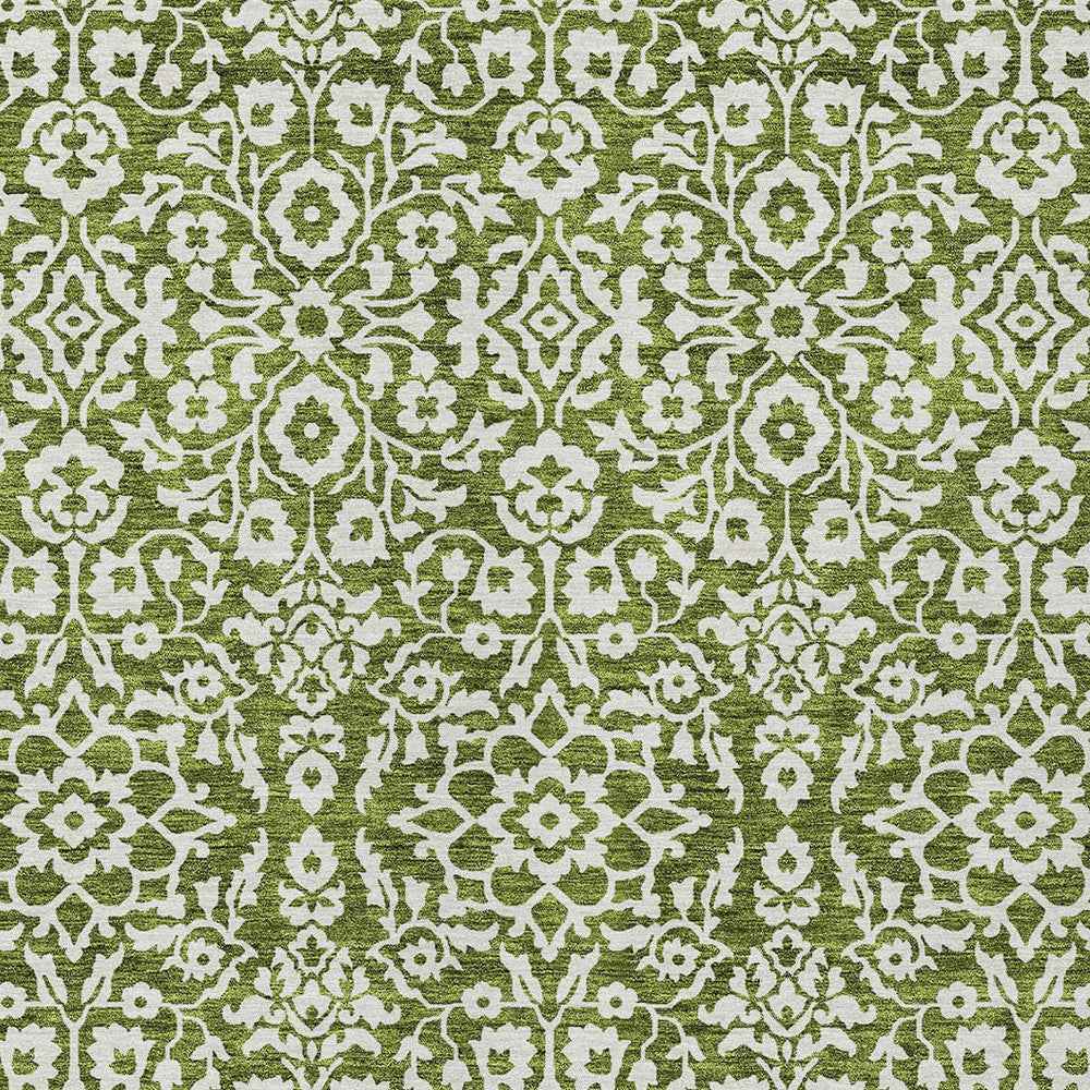 9' X 12' Olive Green And Ivory Damask Washable Indoor Outdoor Area Rug