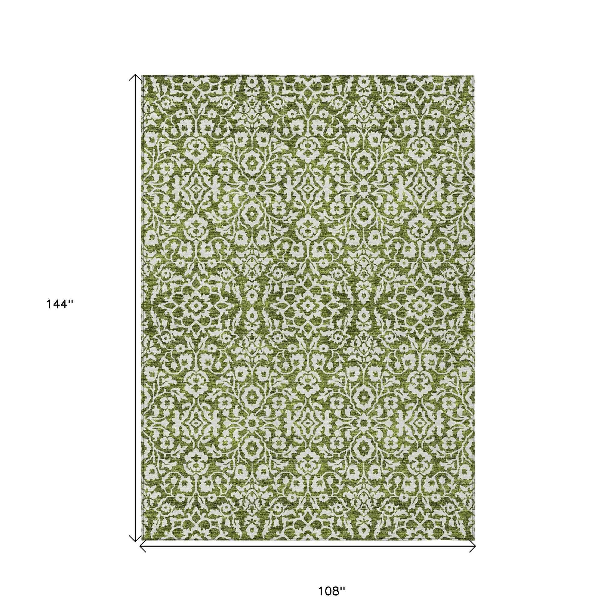 9' X 12' Olive Green And Ivory Damask Washable Indoor Outdoor Area Rug