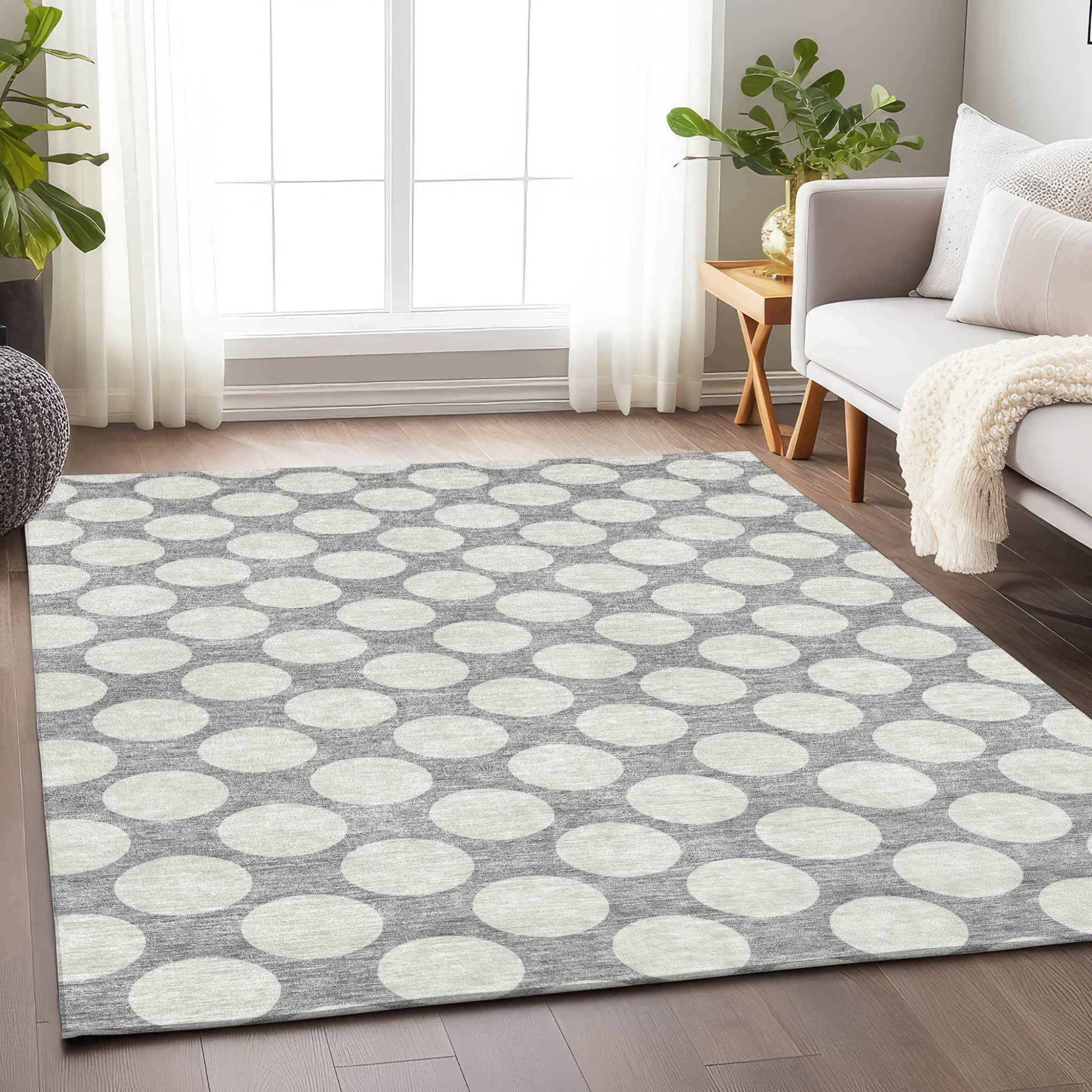 8' X 10' Gray And Silver Polka Dot Washable Indoor Outdoor Area Rug