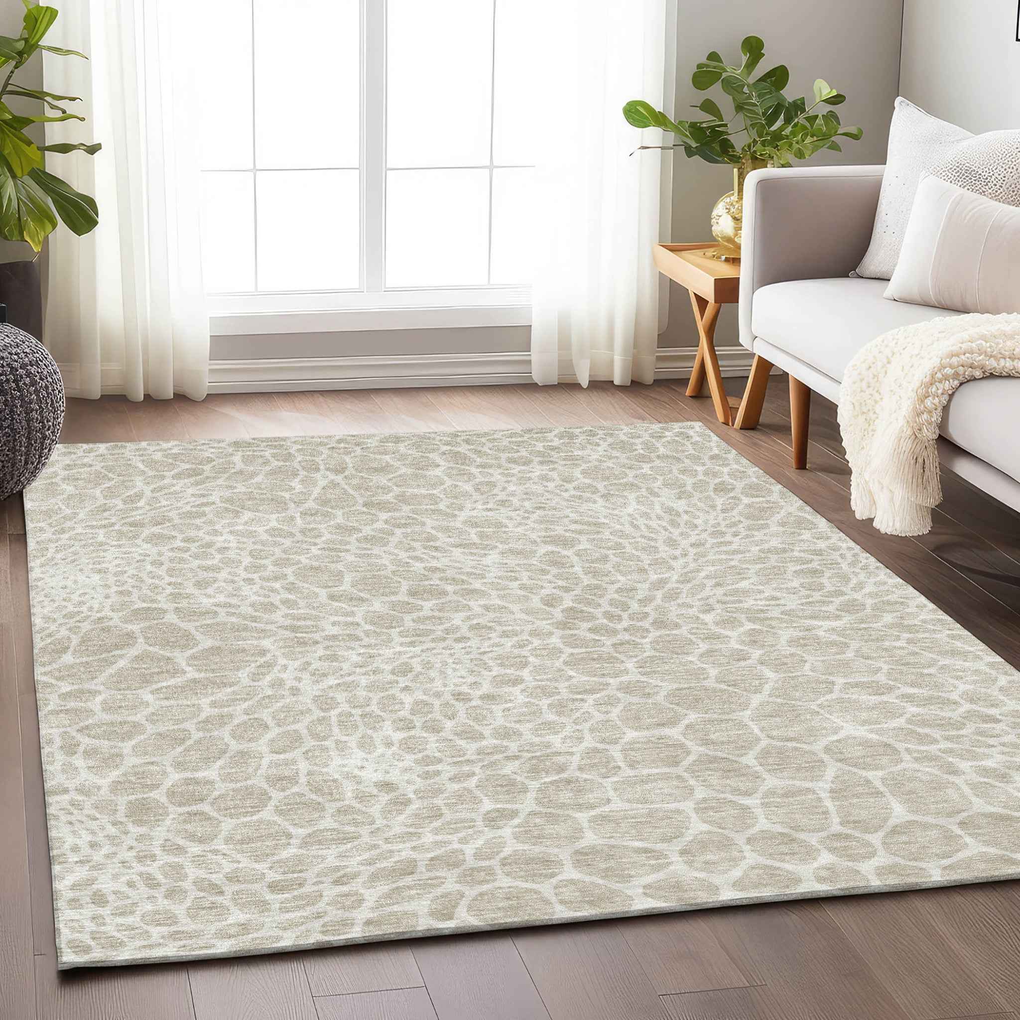 10' X 14' Beige And Ivory Geometric Washable Indoor Outdoor Area Rug