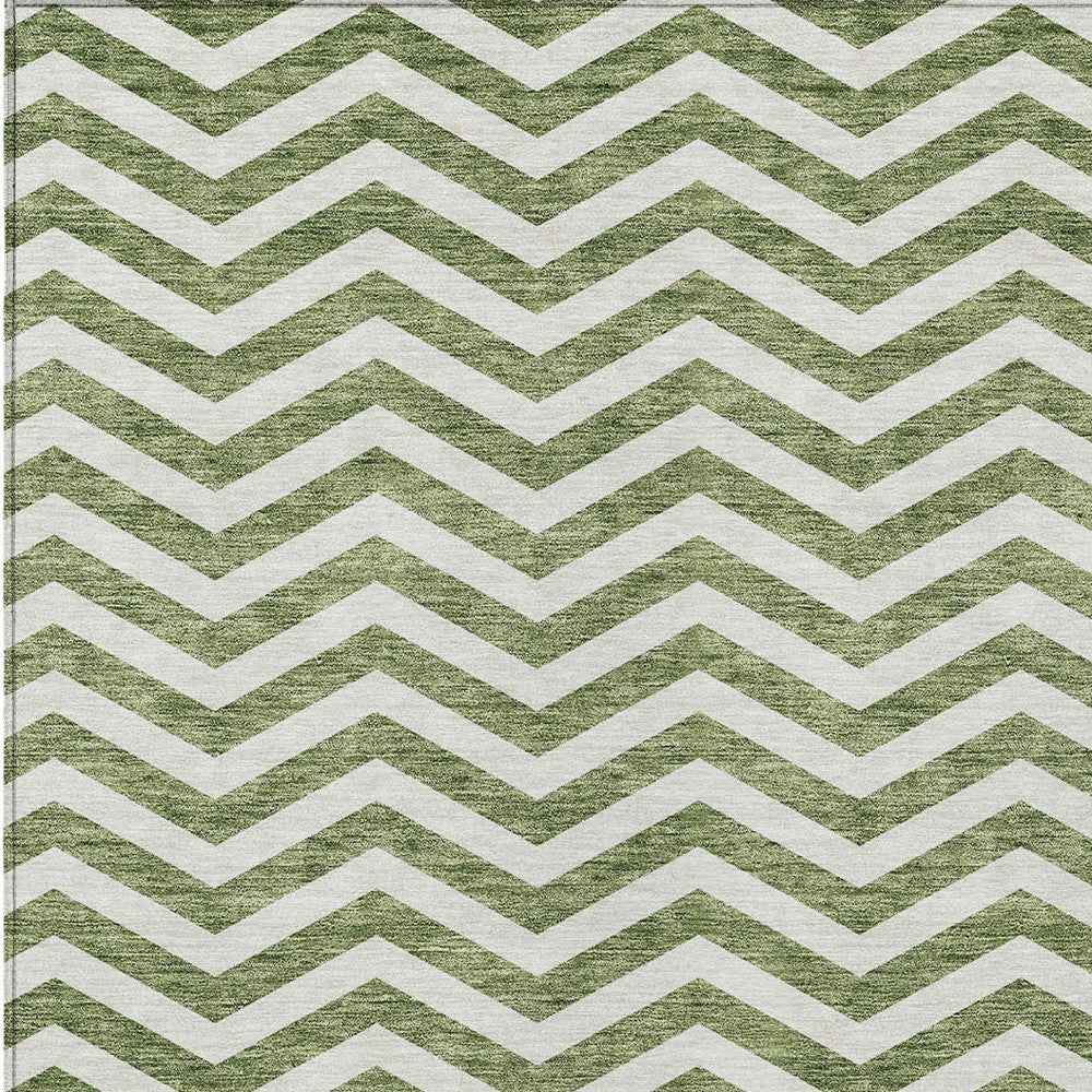 10' X 14' Green And Ivory Chevron Washable Indoor Outdoor Area Rug