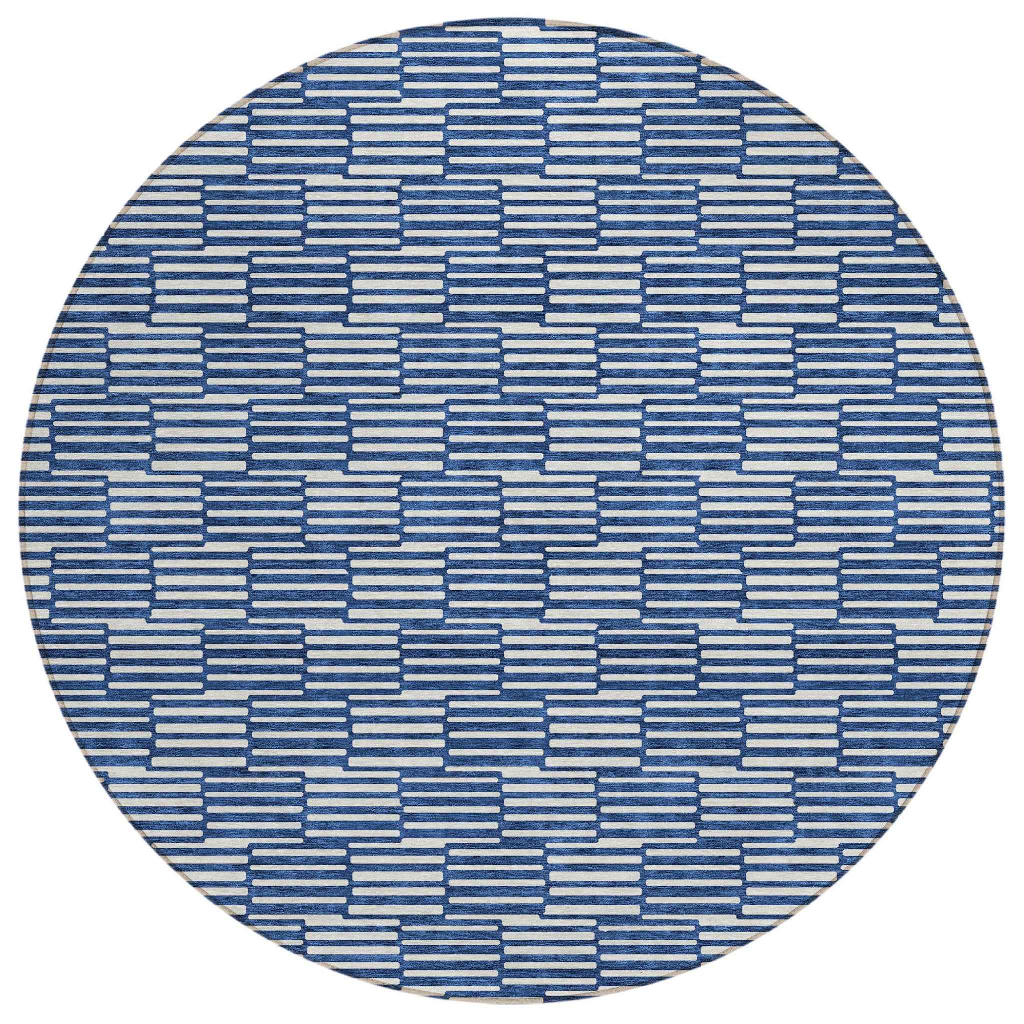 8' Navy Blue And Ivory Round Geometric Washable Indoor Outdoor Area Rug