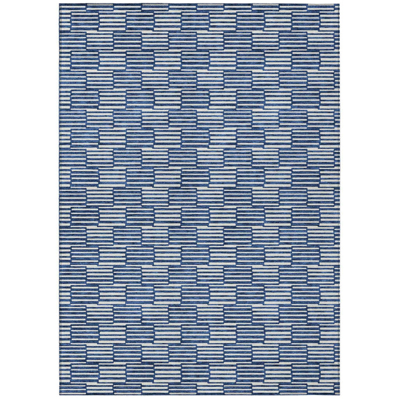 8' X 10' Navy Blue And Ivory Geometric Washable Indoor Outdoor Area Rug
